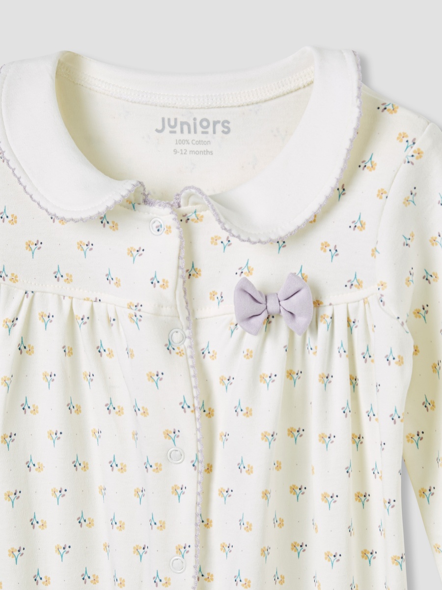 Floral Print Collared Sleepsuit with Long Sleeves