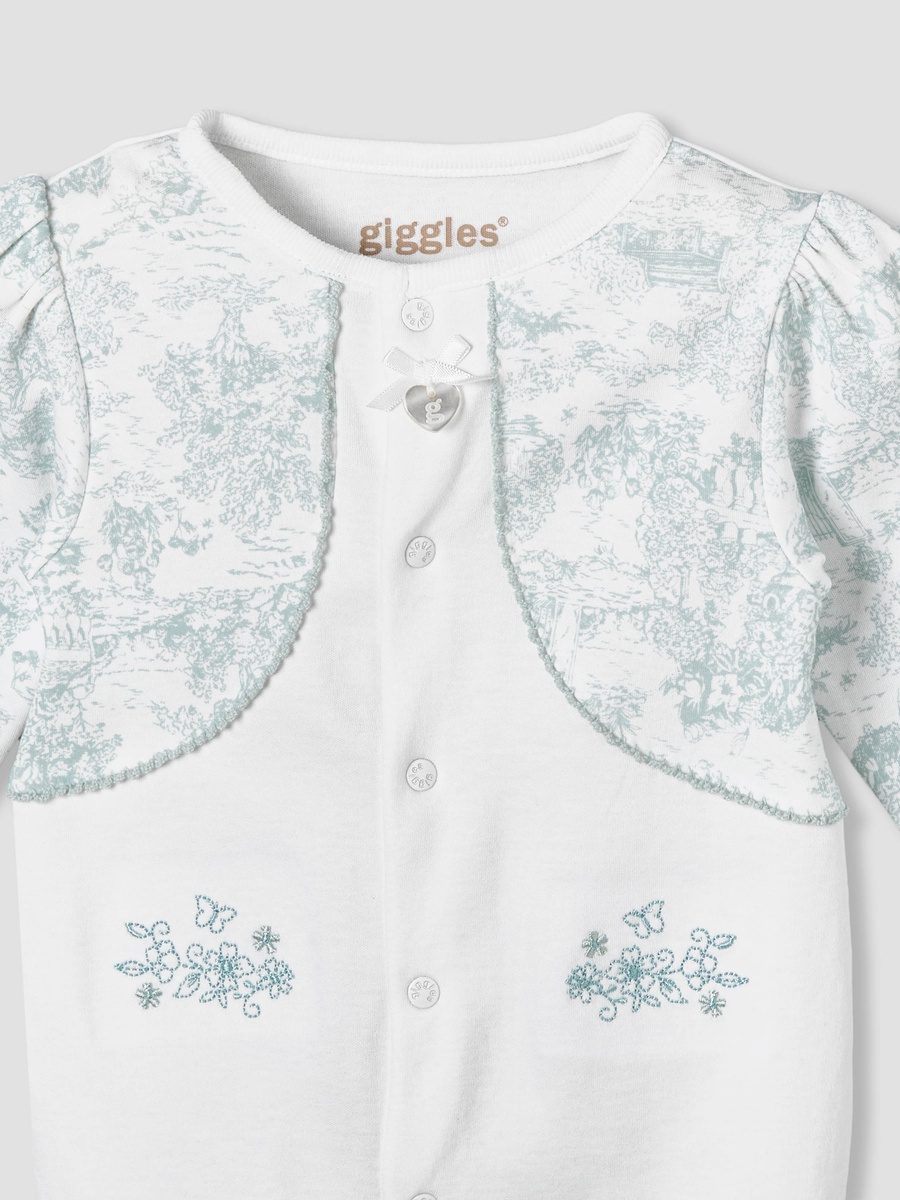Cotton Crew Neck Long Sleeve Sleepsuit with Floral Embroidery