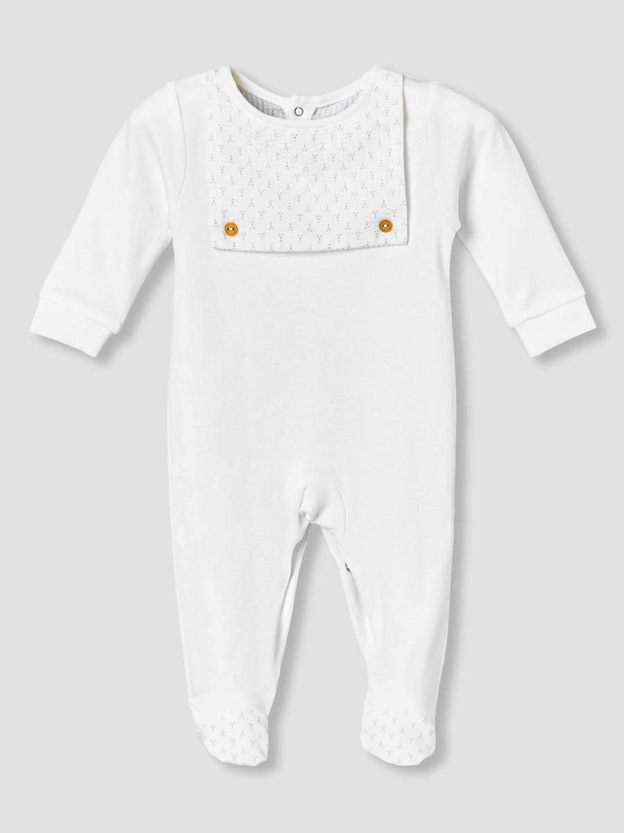 Cotton Crew Neck Long Sleeve Sleepsuit with Button Applique