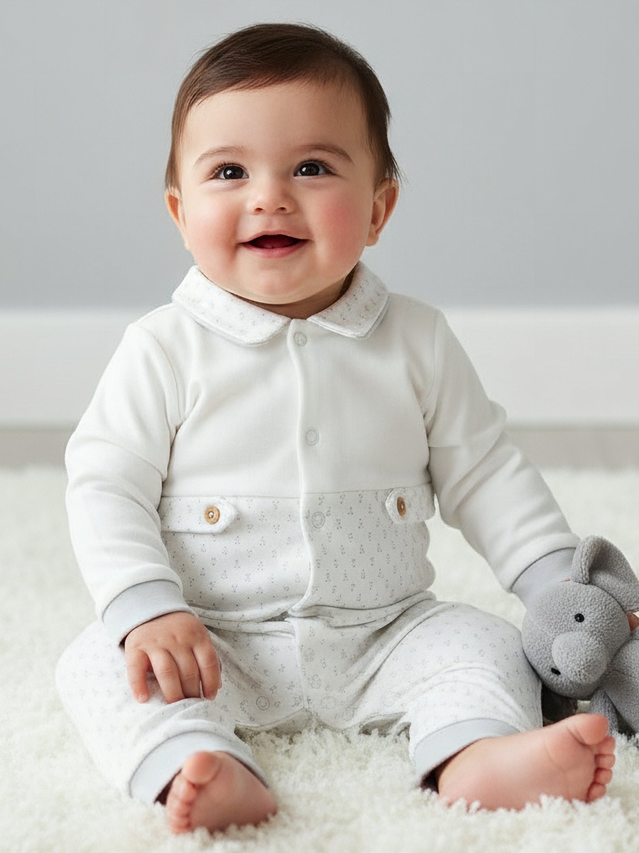 Cotton Collared Long Sleeve Sleepsuit with Snap Button Closure