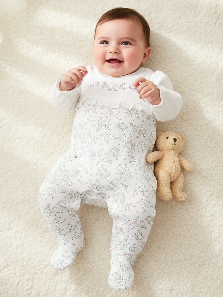 Cotton Round Neck Long Sleeves Sleepsuit with Floral Embroidery