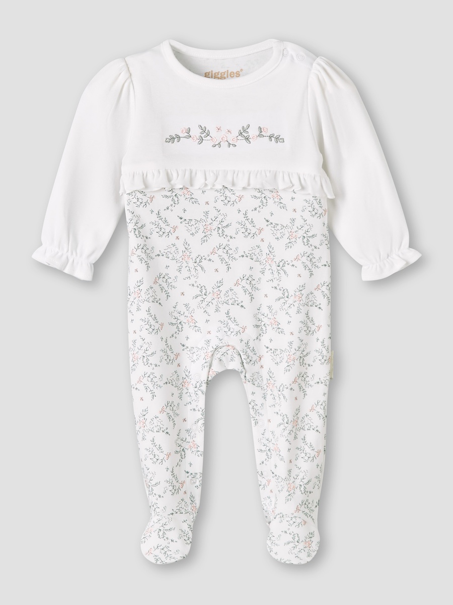 Cotton Round Neck Long Sleeves Sleepsuit with Floral Embroidery