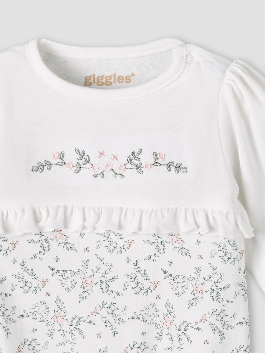 Cotton Round Neck Long Sleeves Sleepsuit with Floral Embroidery