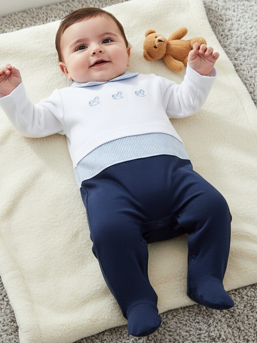 Cotton Collared Long Sleeves Sleepsuit with Horse Embroidery