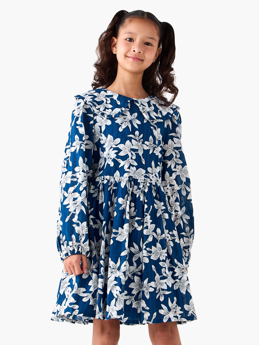 Collared Long Sleeves A-Line Dress with Floral Print