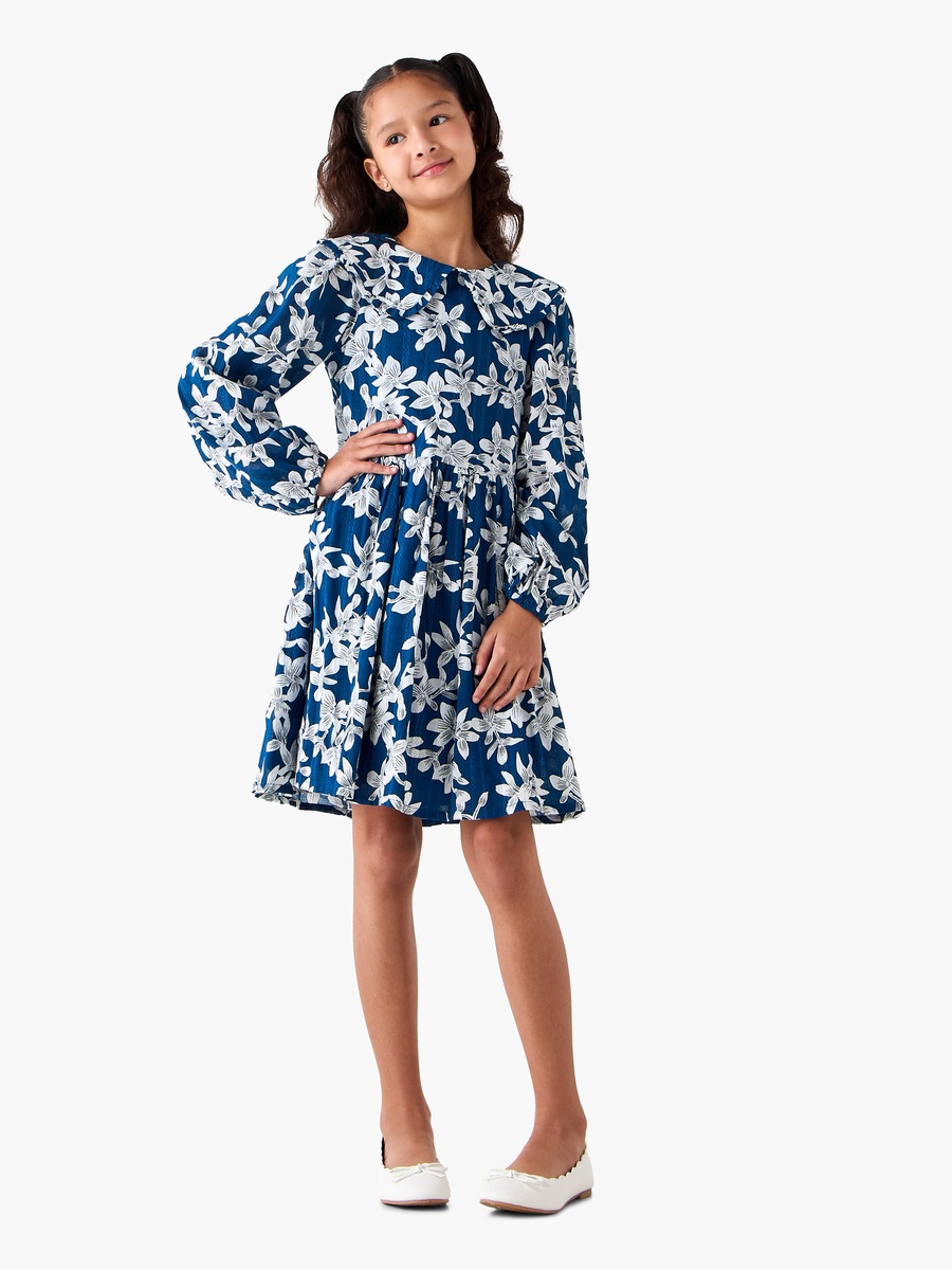 Collared Long Sleeves A-Line Dress with Floral Print