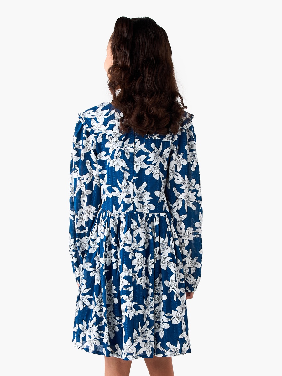 Collared Long Sleeves A-Line Dress with Floral Print