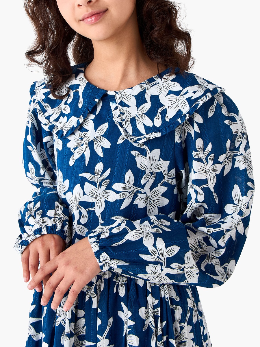 Collared Long Sleeves A-Line Dress with Floral Print