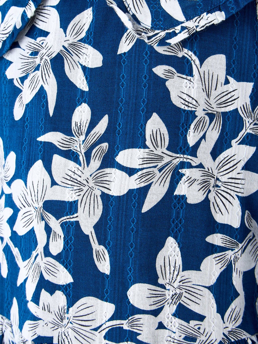 Collared Long Sleeves A-Line Dress with Floral Print