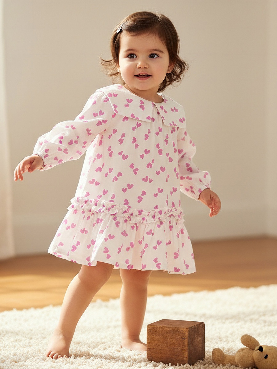 Collared Long Sleeves A-Line Dress with Heart Print and Ruffles