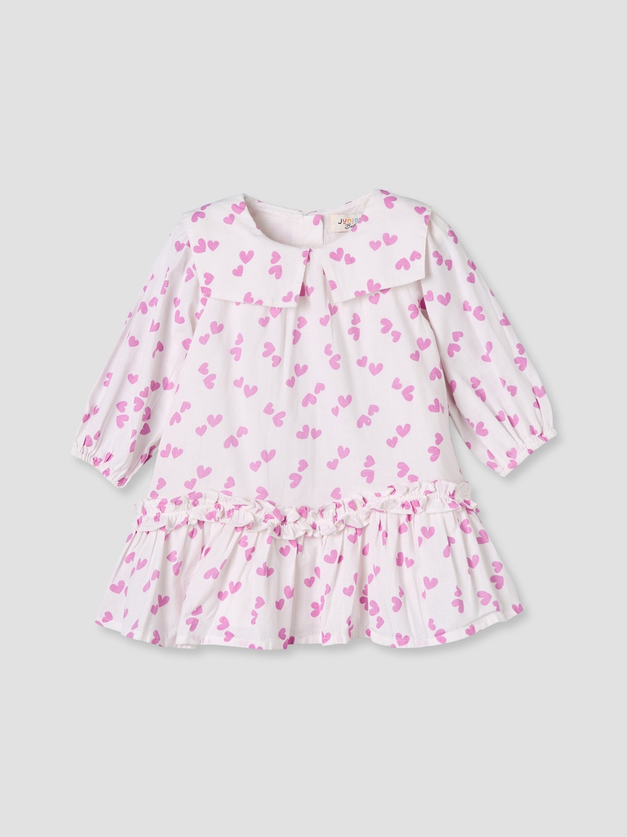 Collared Long Sleeves A-Line Dress with Heart Print and Ruffles