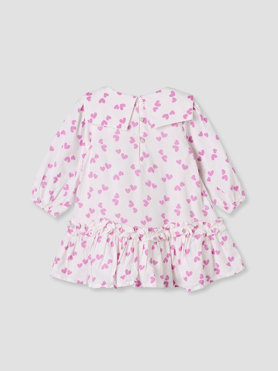 Collared Long Sleeves A-Line Dress with Heart Print and Ruffles