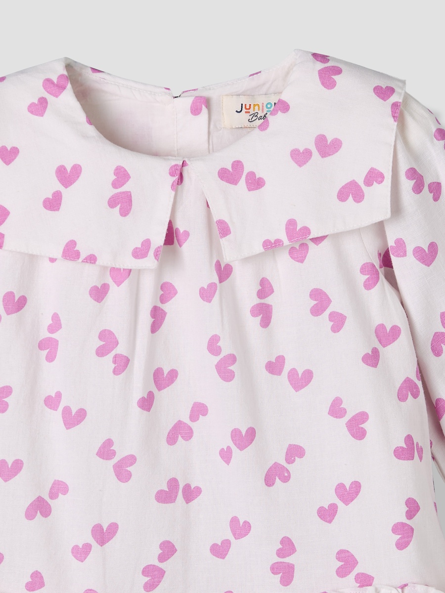 Collared Long Sleeves A-Line Dress with Heart Print and Ruffles