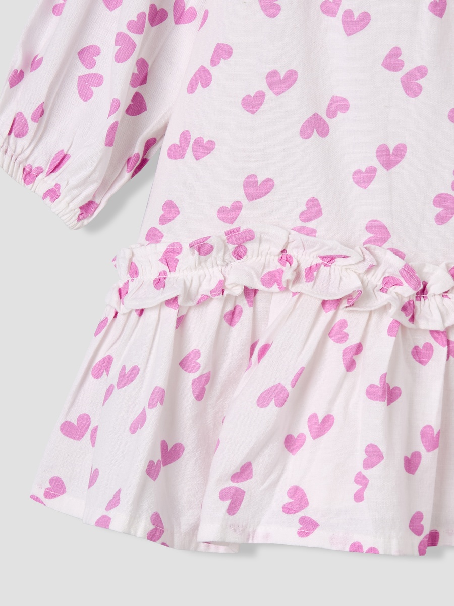Collared Long Sleeves A-Line Dress with Heart Print and Ruffles