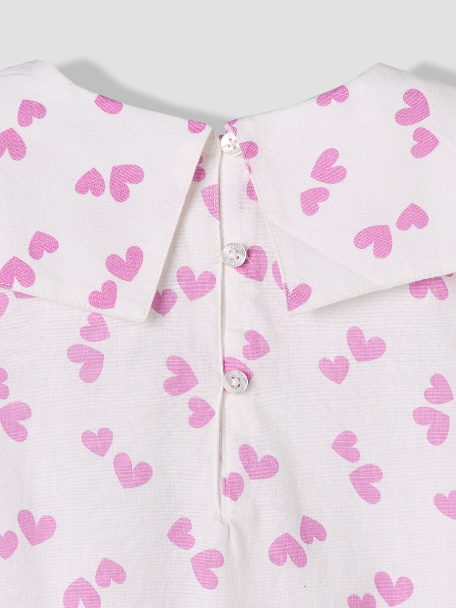 Collared Long Sleeves A-Line Dress with Heart Print and Ruffles