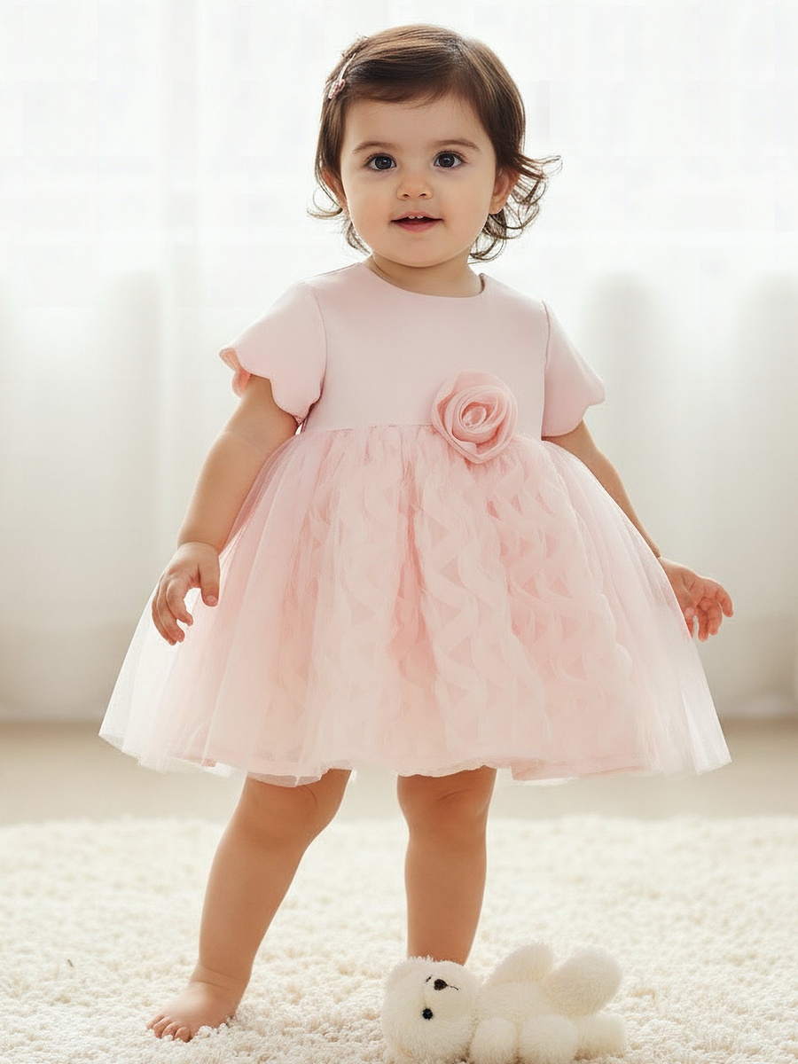Scalloped Neck Short Sleeve Dress with Rose Detail