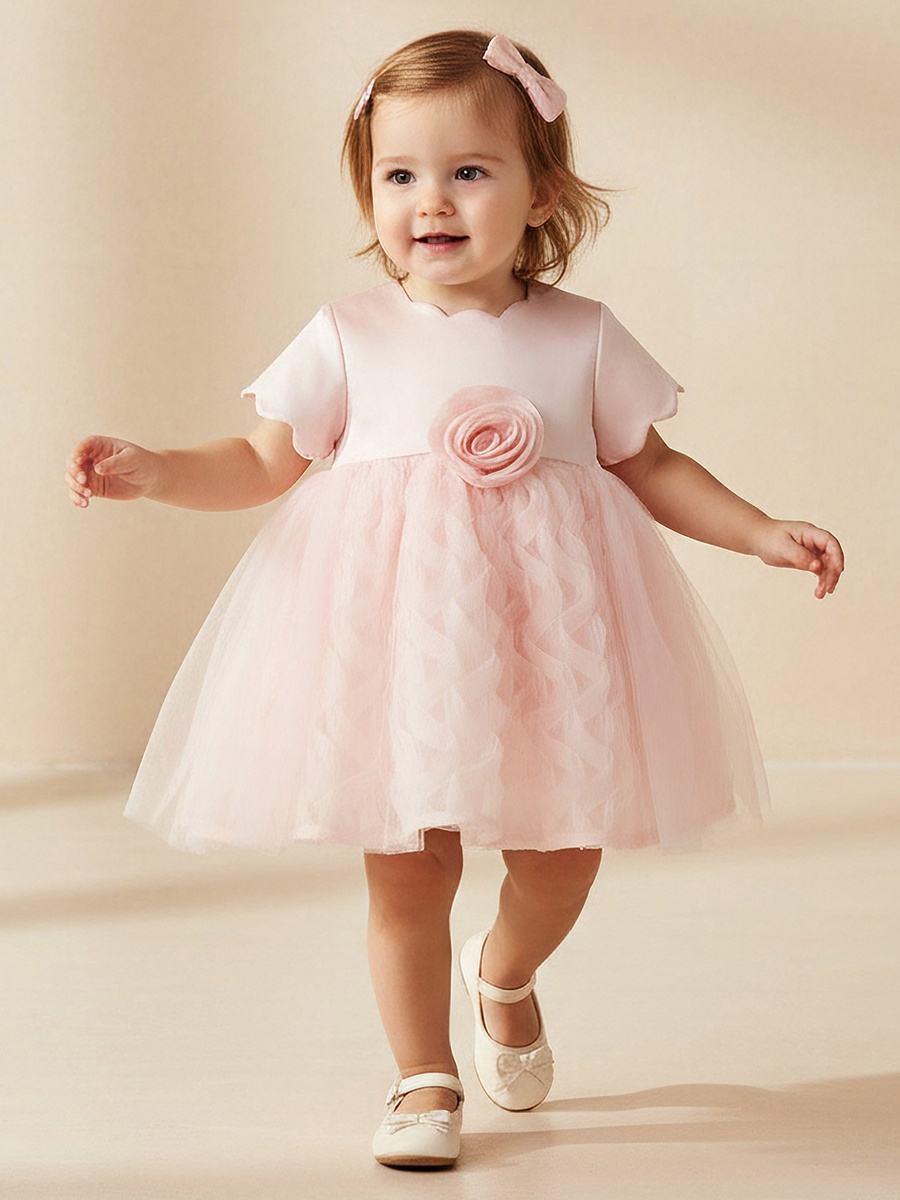 Scalloped Neck Short Sleeve Dress with Rose Detail