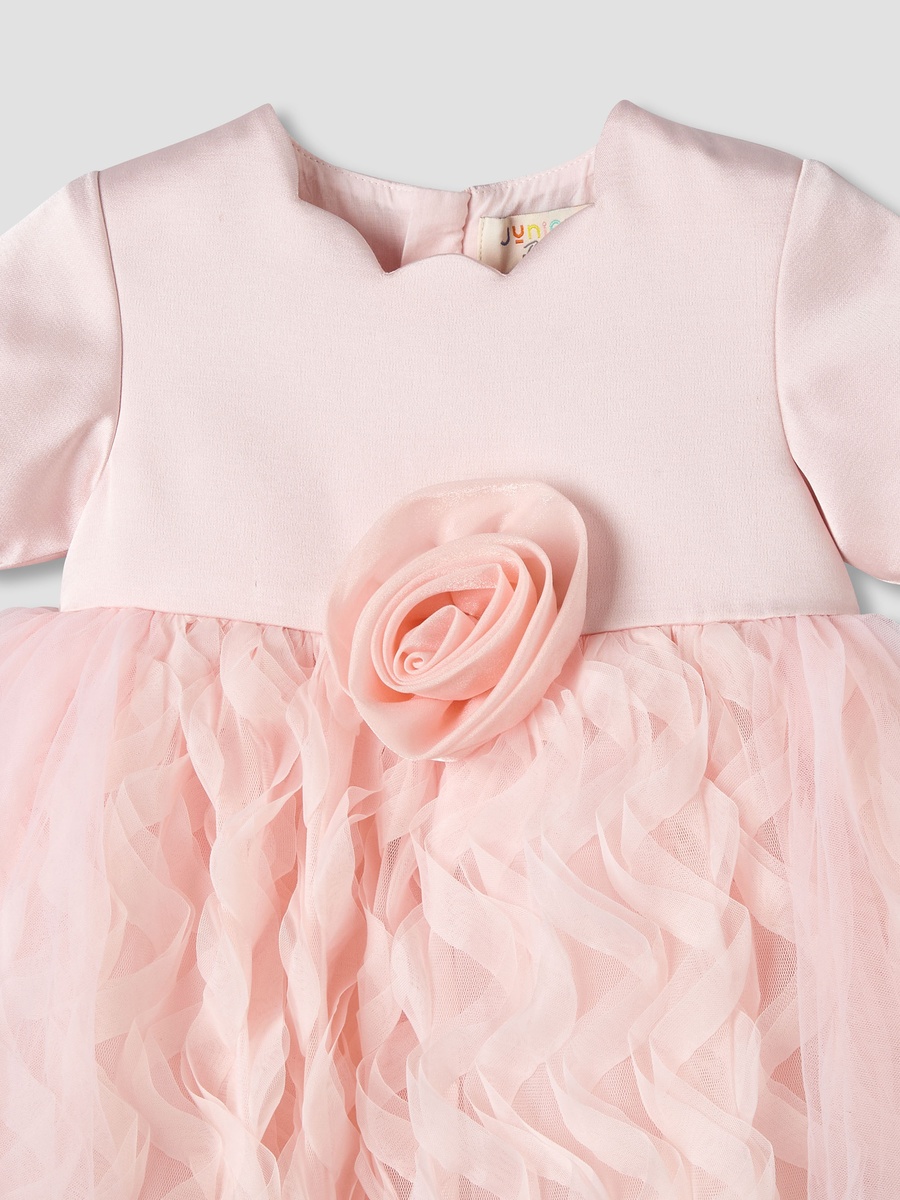 Scalloped Neck Short Sleeve Dress with Rose Detail