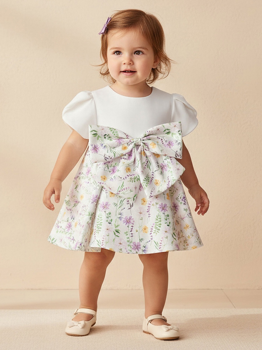 Round Neck Short Sleeves A-Line Dress with Floral Print