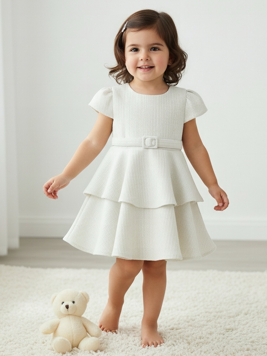 Round Neck Short Sleeves Empire Dress with Belt Detail