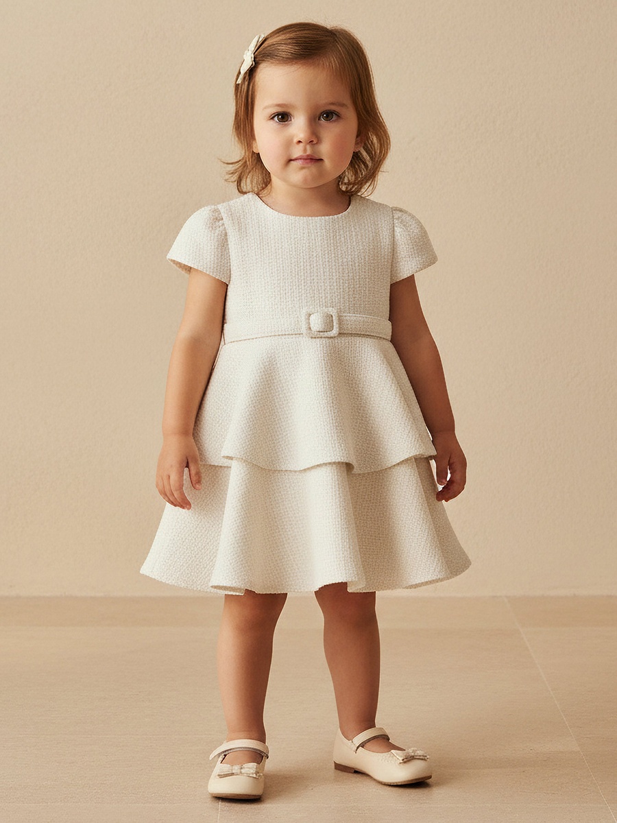 Round Neck Short Sleeves Empire Dress with Belt Detail