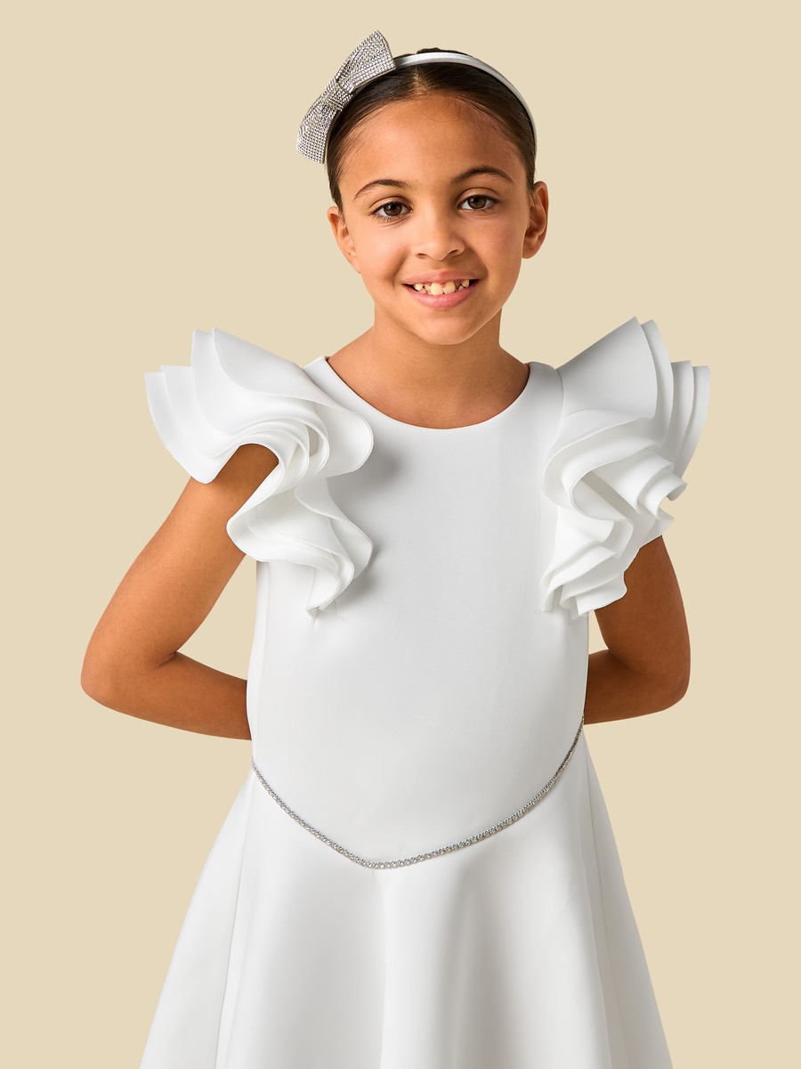 Round Neck Ruffle Sleeves Dress with Embellished Detail