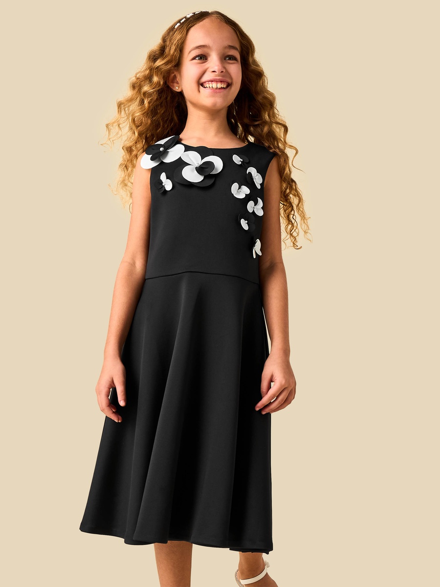 Round Neck Sleeveless Dress with Floral Embellishment