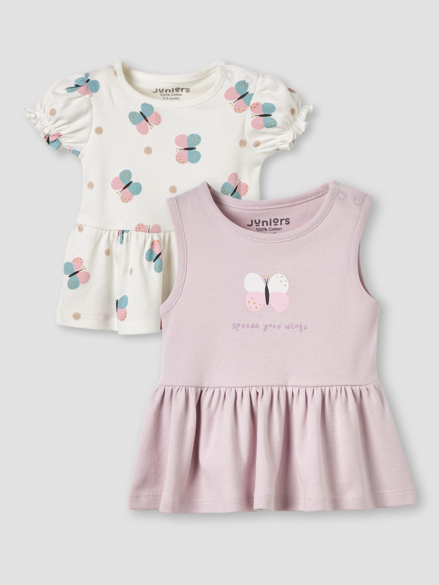 Pack of 2 Round Neck A-Line Dress with Butterfly Print