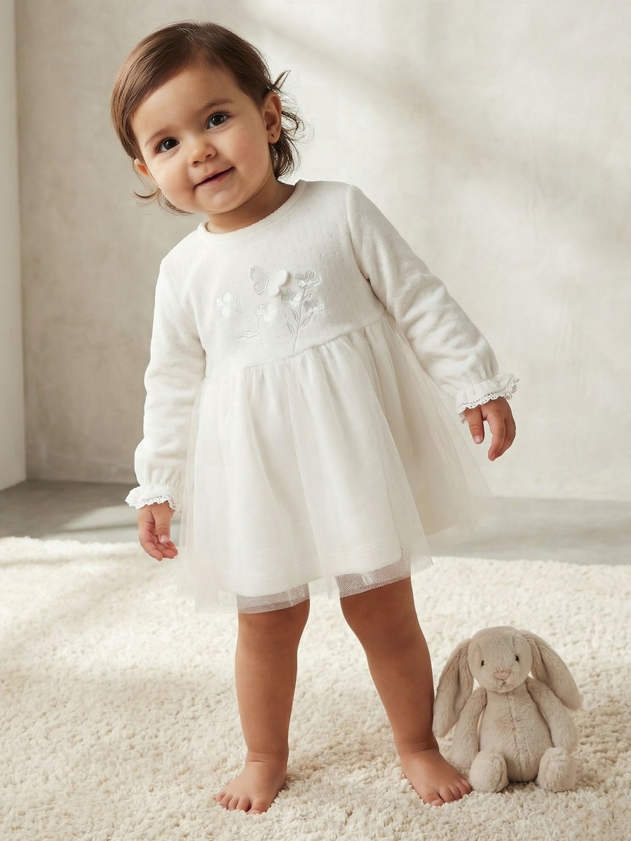 Round Neck Long Sleeves A-Line Dress with Butterfly Applique