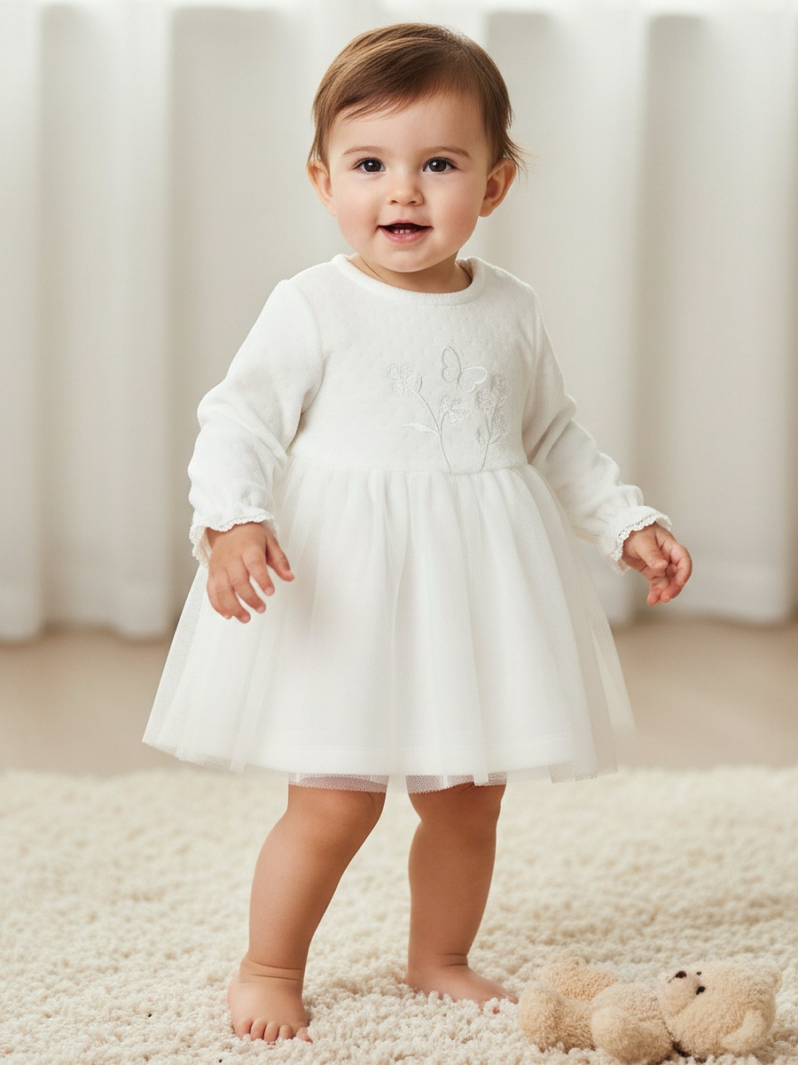 Round Neck Long Sleeves A-Line Dress with Butterfly Applique
