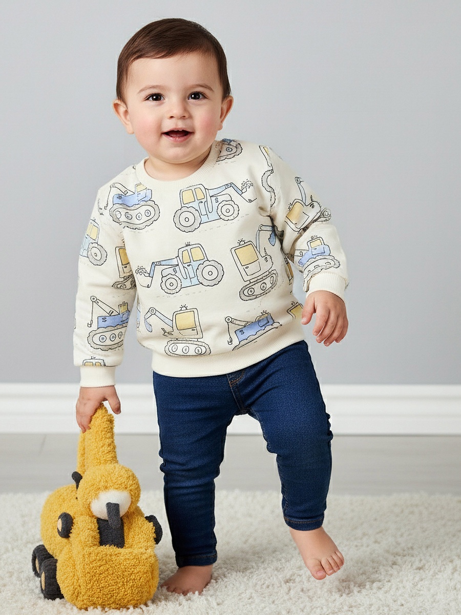 Construction Print Sweatshirt with Long Sleeves