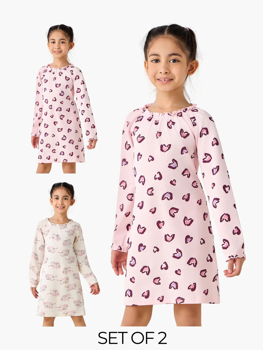 Pack of 2 Cotton Pie Crust Neck Long Sleeves Night Dress with Print