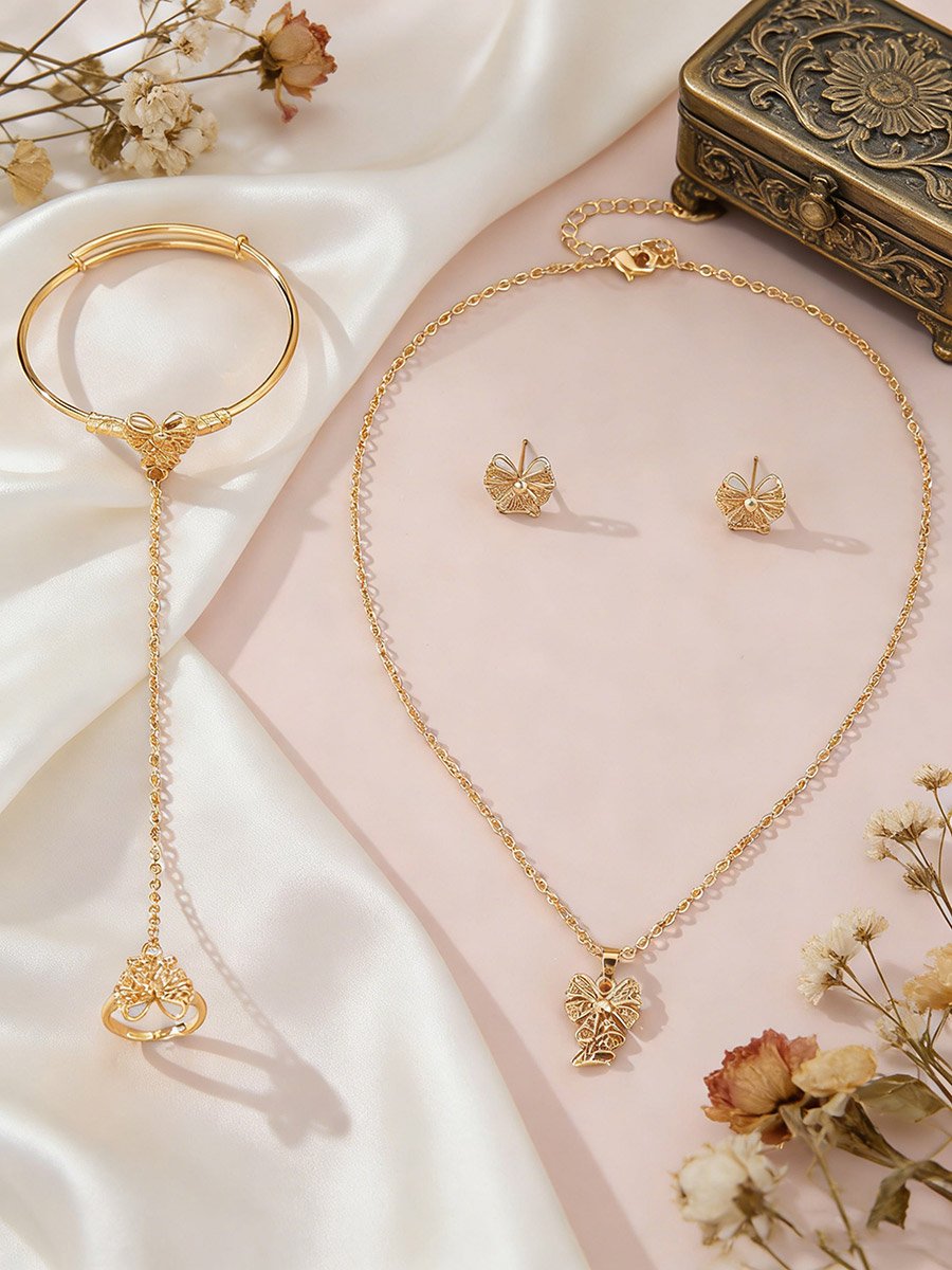 Bow Pendant Necklace and Bracelet with Ring and Earring Set