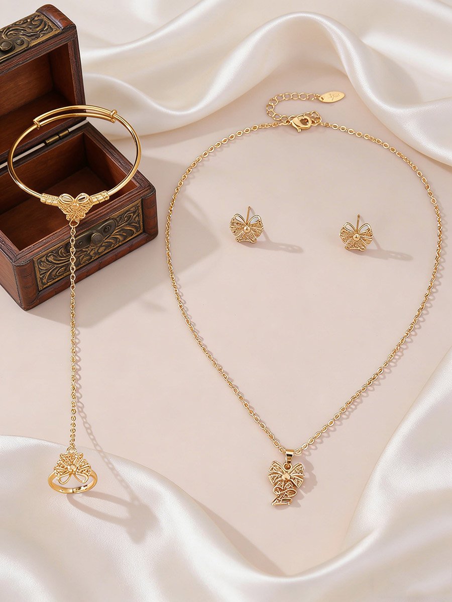 Bow Pendant Necklace and Bracelet with Ring and Earring Set