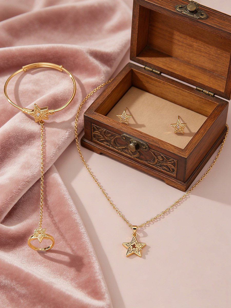 Star Pendant Necklace and Bracelet with Ring and Earring Set