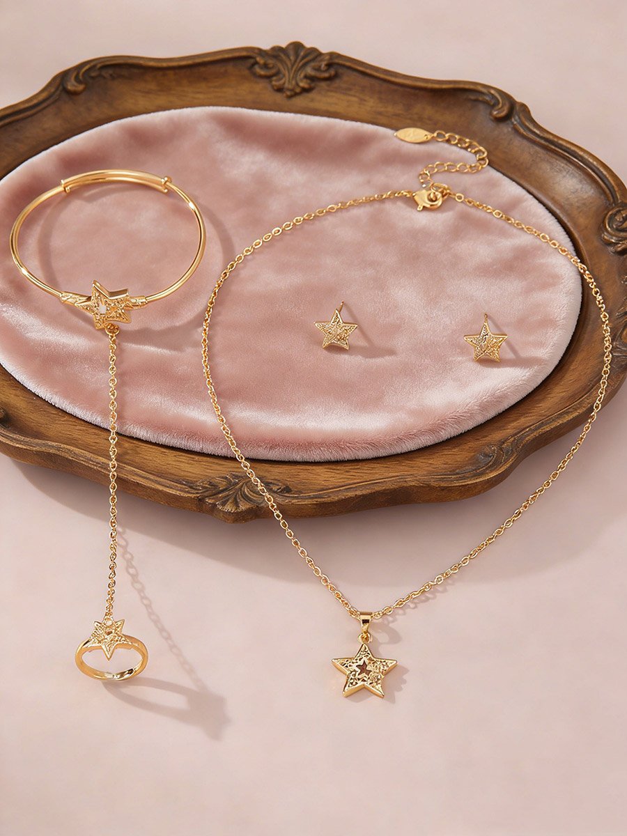 Star Pendant Necklace and Bracelet with Ring and Earring Set