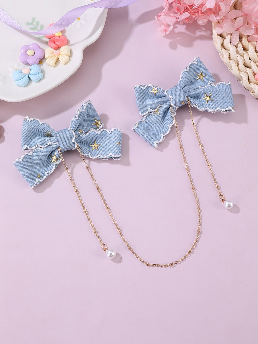 Blue Denim Bow Hair Clips with Chain