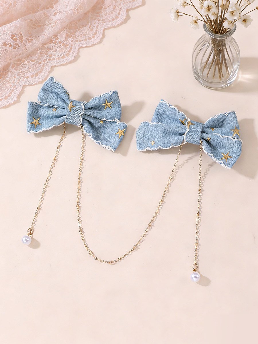 Blue Denim Bow Hair Clips with Chain