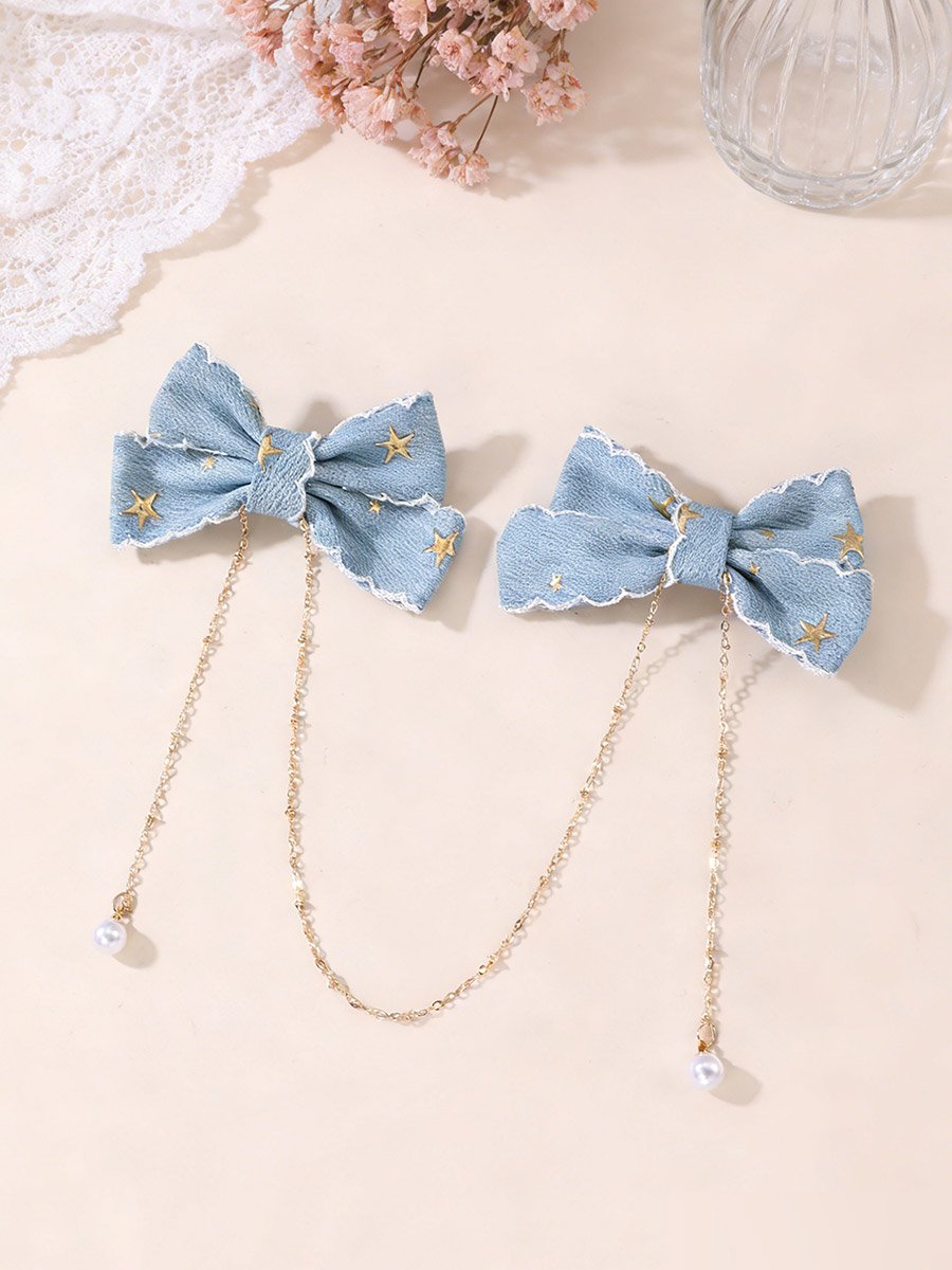 Blue Denim Bow Hair Clips with Chain