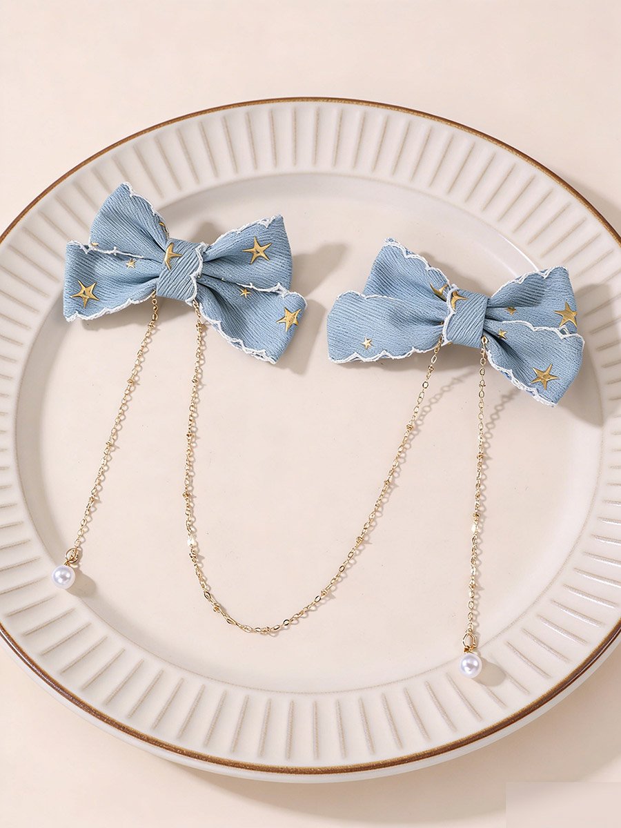 Blue Denim Bow Hair Clips with Chain
