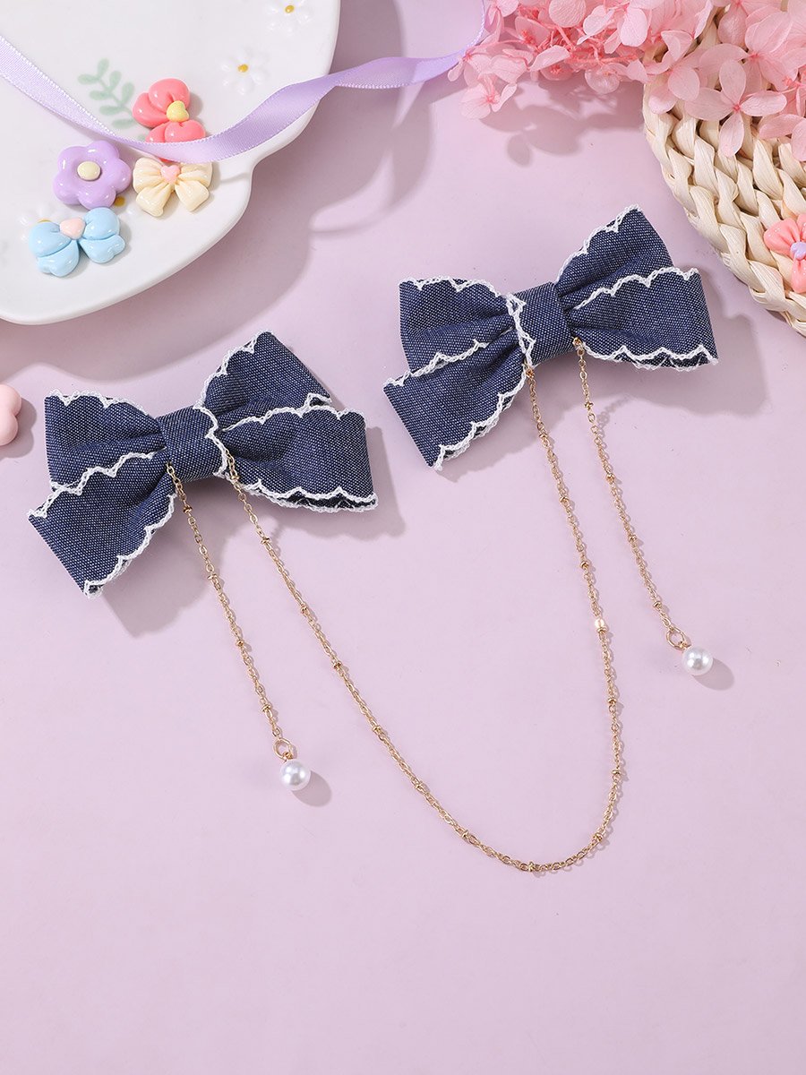 Dark Blue Bow Hair Clips with Chain