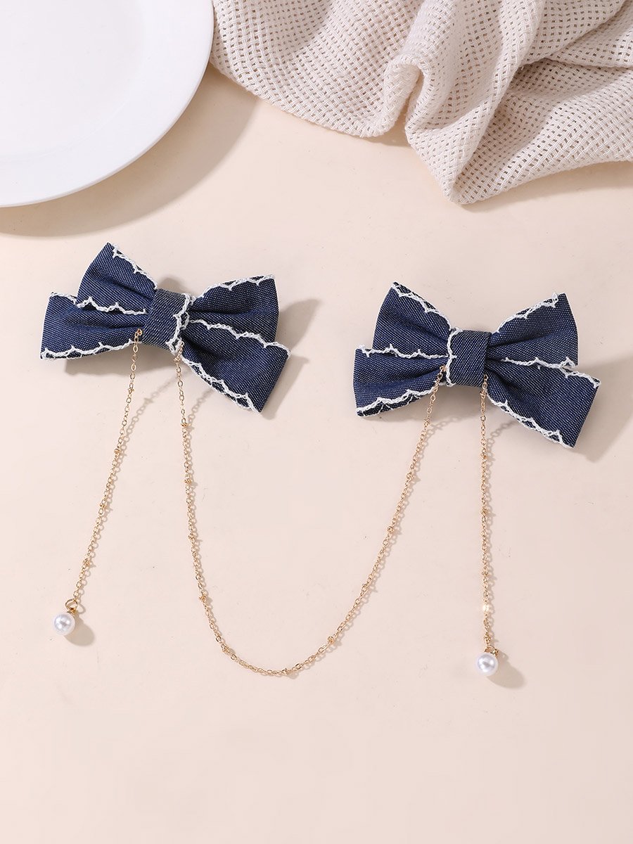 Dark Blue Bow Hair Clips with Chain