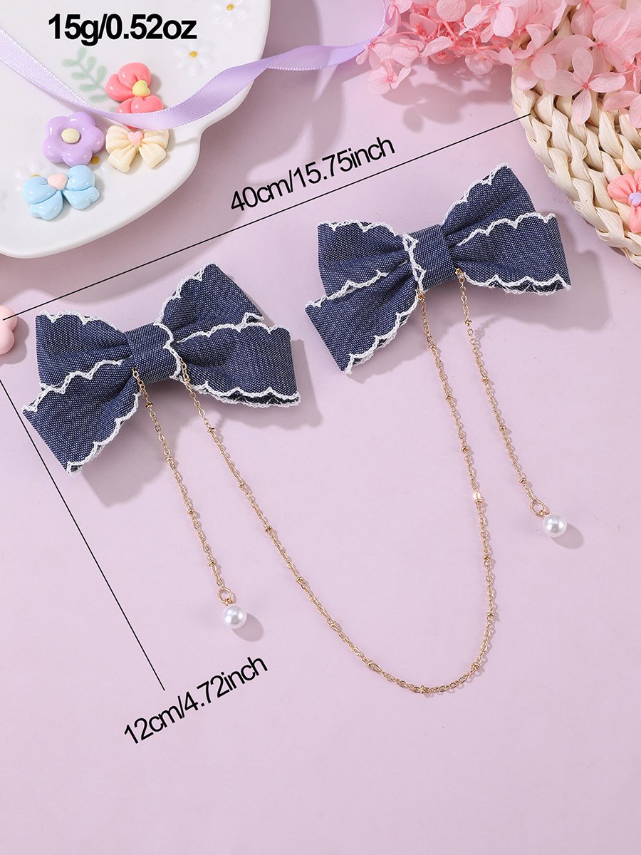 Dark Blue Bow Hair Clips with Chain