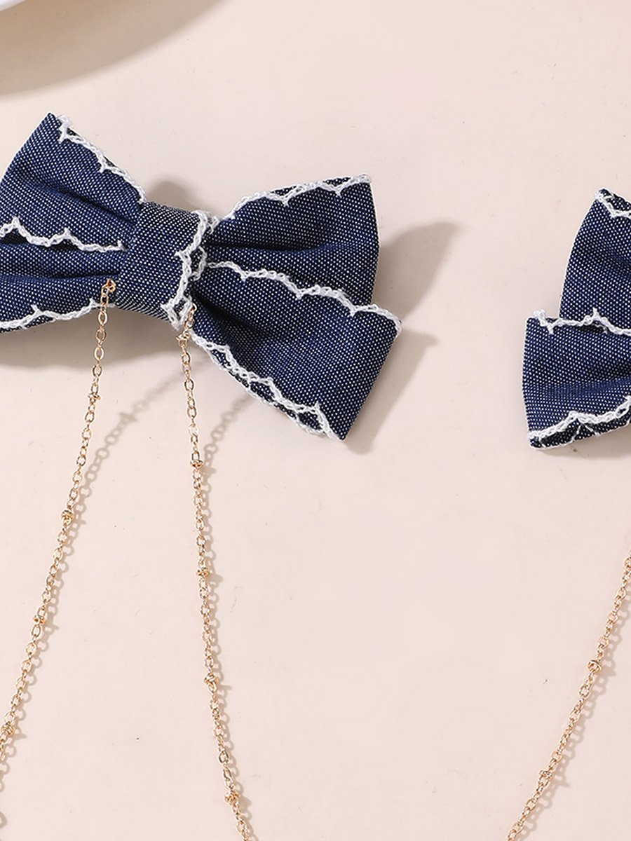 Dark Blue Bow Hair Clips with Chain