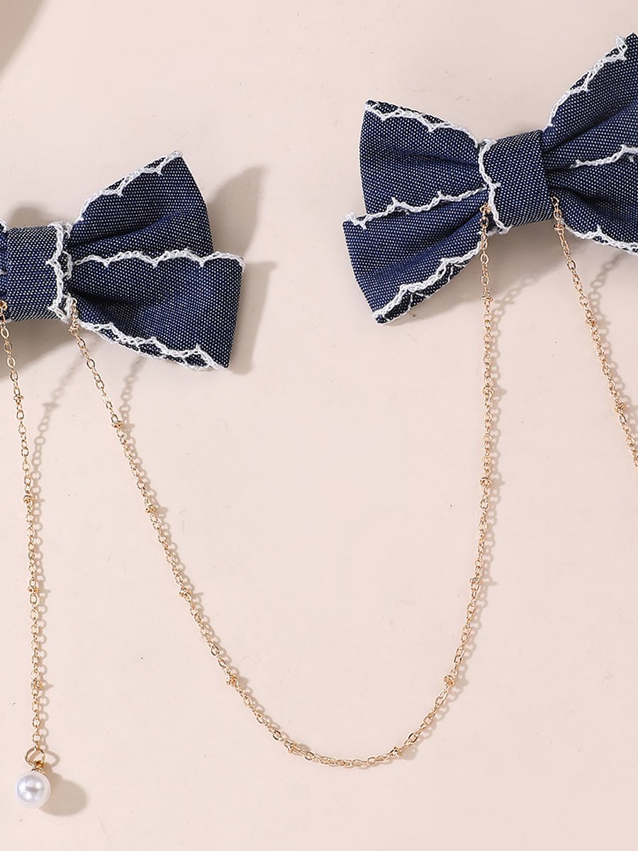 Dark Blue Bow Hair Clips with Chain