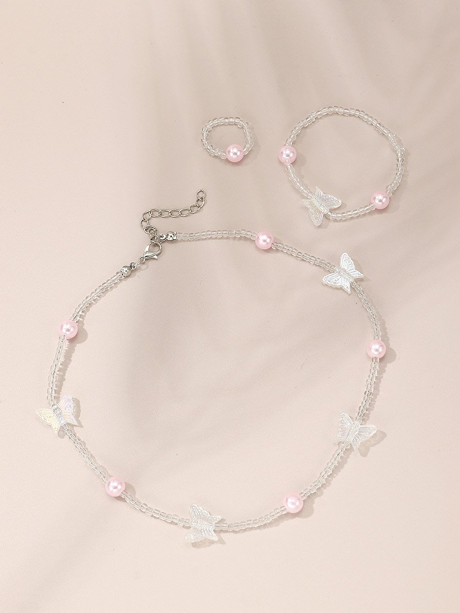 Pack of 3 - Pink Butterfly Beaded Necklace with Bracelet and Earrings