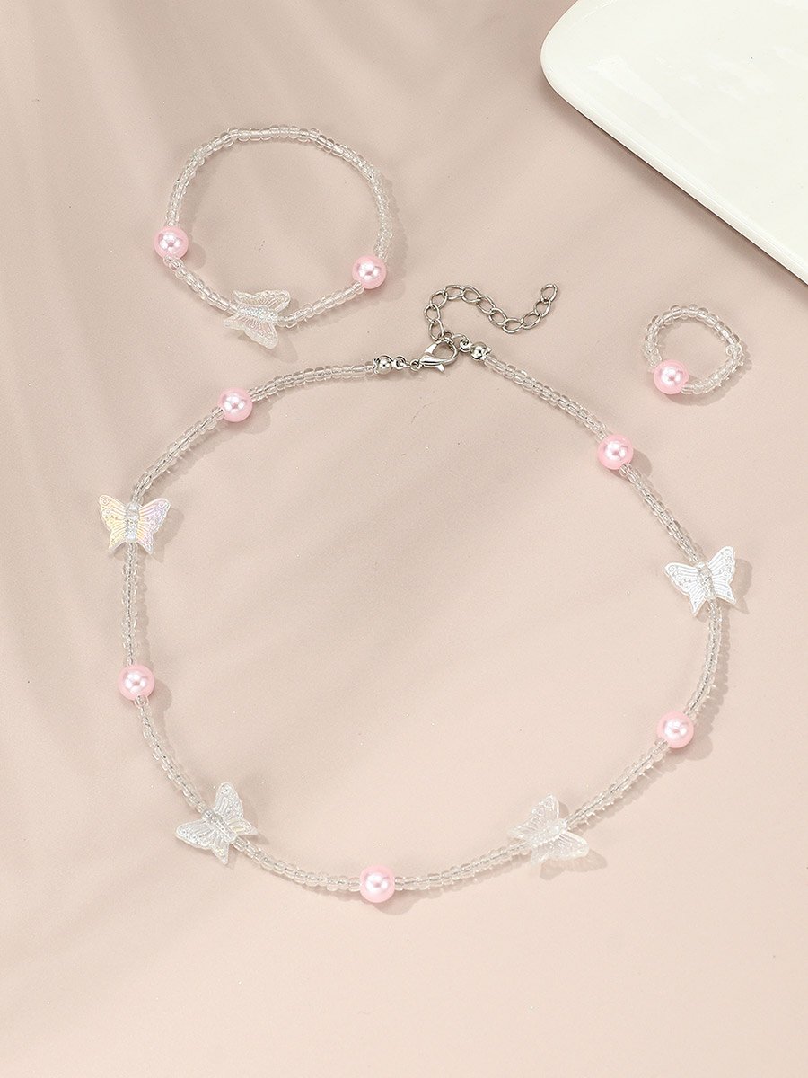 Pack of 3 - Pink Butterfly Beaded Necklace with Bracelet and Earrings