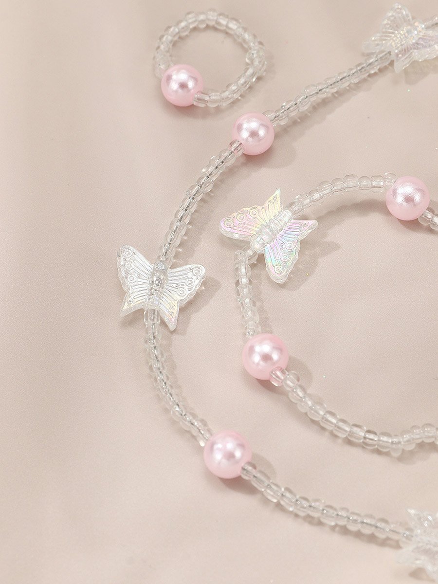 Pack of 3 - Pink Butterfly Beaded Necklace with Bracelet and Earrings