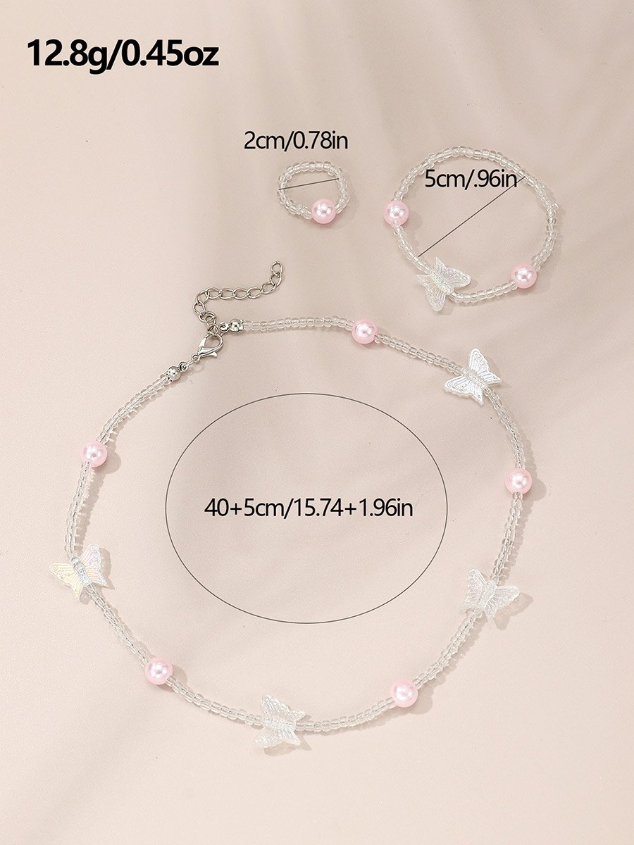 Pack of 3 - Pink Butterfly Beaded Necklace with Bracelet and Earrings