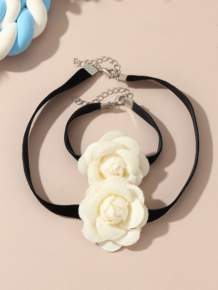 Pack of 2 - White Flower Choker Necklace and Bracelet